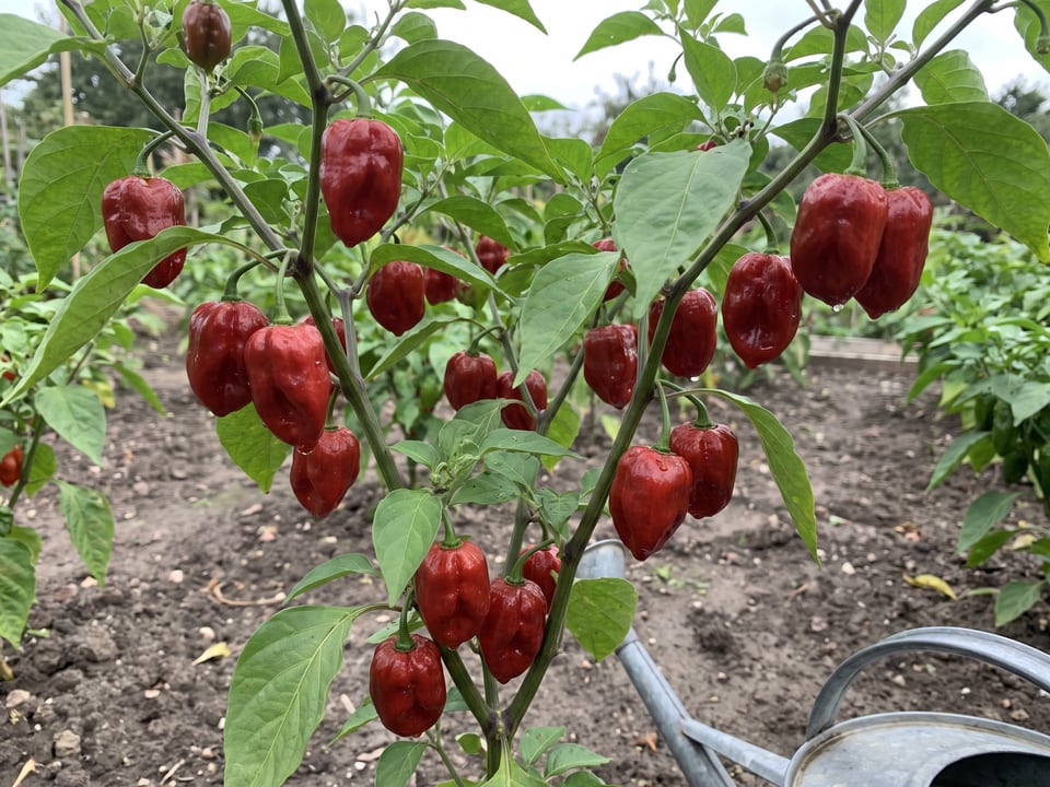 Caribbean Red pepper plant with ripe pods