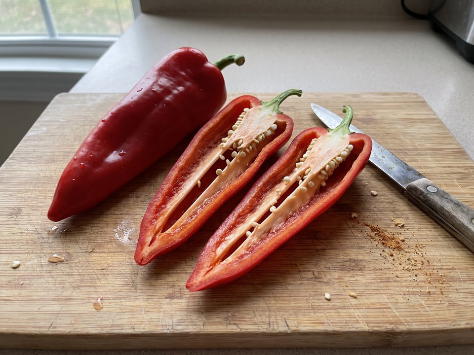 A Carmen pepper cut open lengthwise beside a whole pod, showing the wall and seed cavity