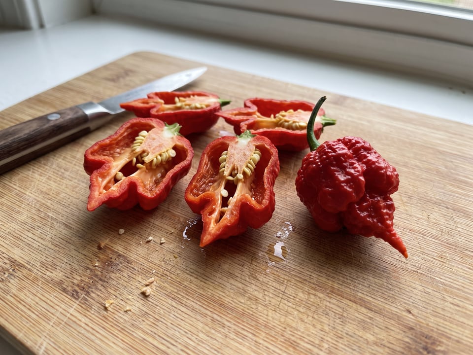A Carolina Reaper pepper cut open lengthwise beside a whole pod, showing the wall and seed cavity