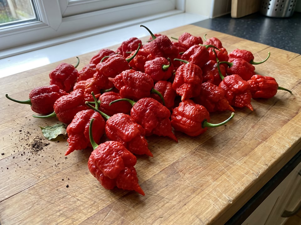 Freshly picked Carolina Reaper peppers
