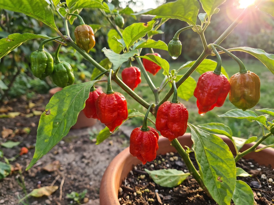 Ripe Carolina Reaper pepper pods on the plant