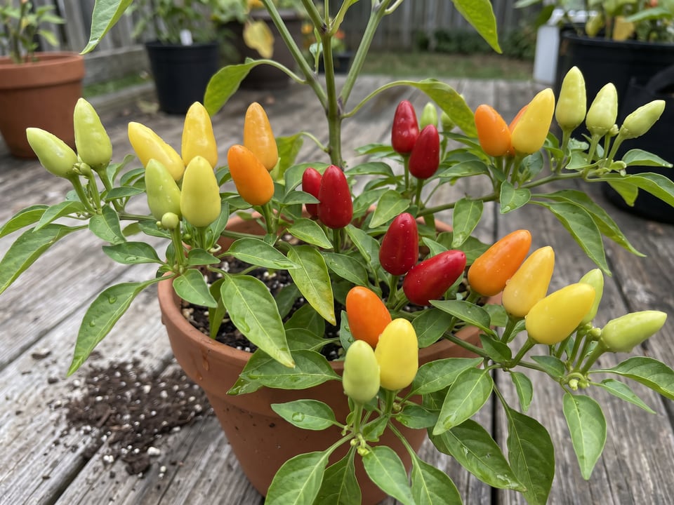Ripe Cascabella pepper pods on the plant