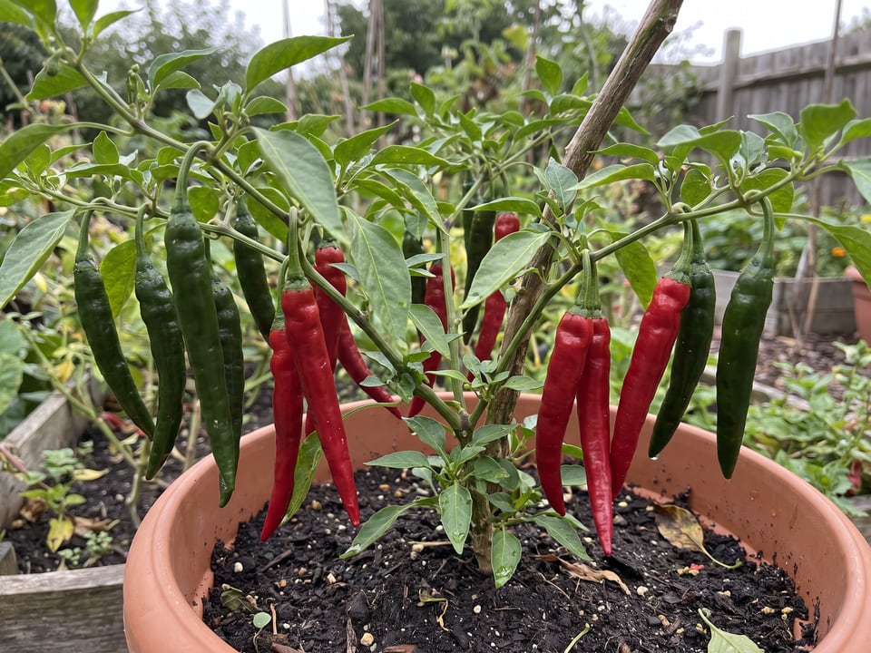 Ripe Cayenne Long Slim pepper pods on the plant
