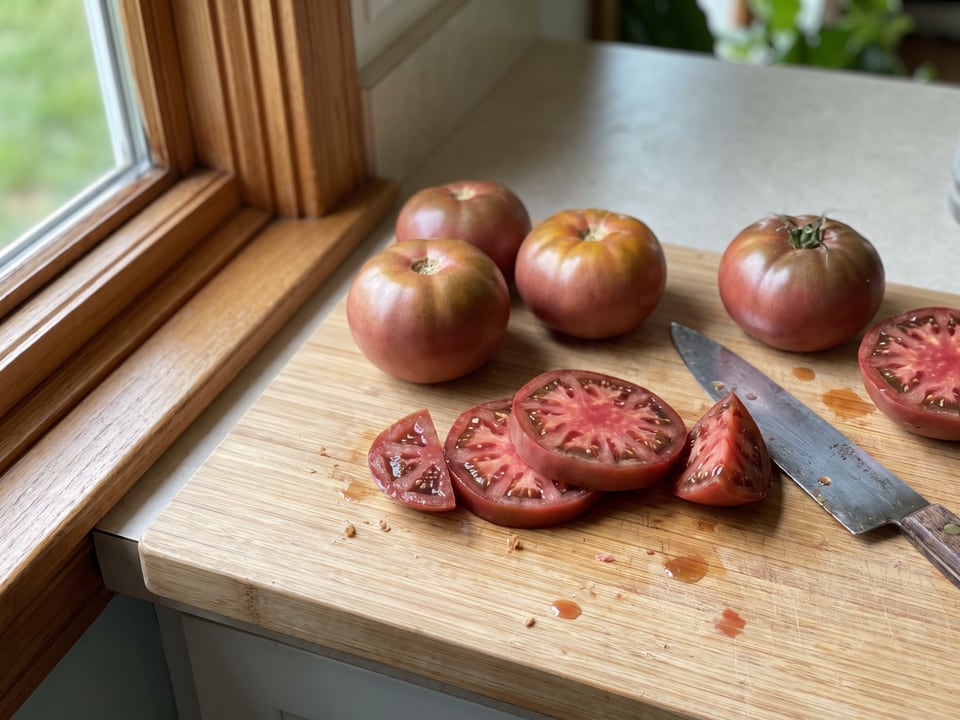 Cherokee Carbon tomato sliced in the kitchen