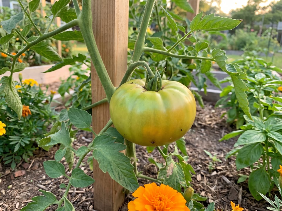 Cherokee Green tomato plant in a garden bed with ripe fruit on the vine