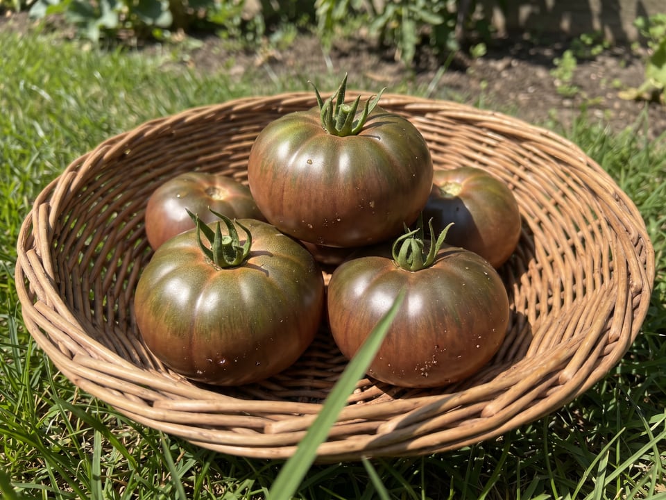 Freshly picked Cherokee Purple tomatoes