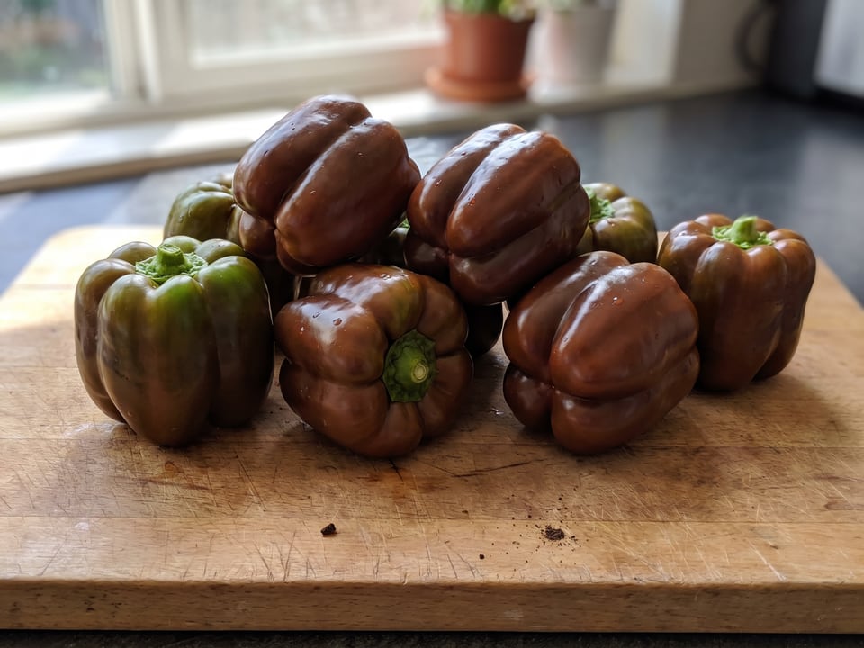 Freshly picked Chocolate Beauty peppers