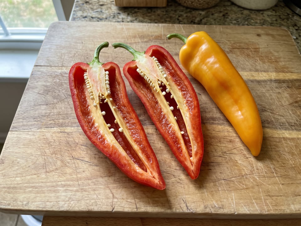 A Corno di Toro pepper cut open lengthwise beside a whole pod, showing the wall and seed cavity