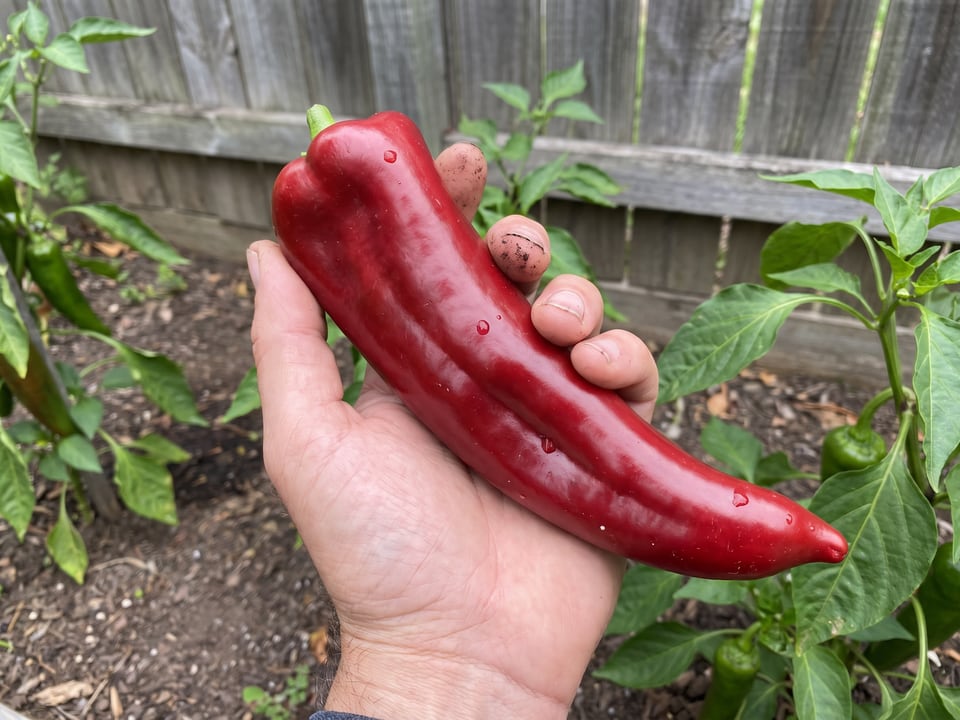 A ripe Corno di Toro pepper pod held in a gardener's hand