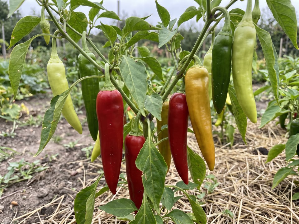 Ripe Corno di Toro pepper pods on the plant