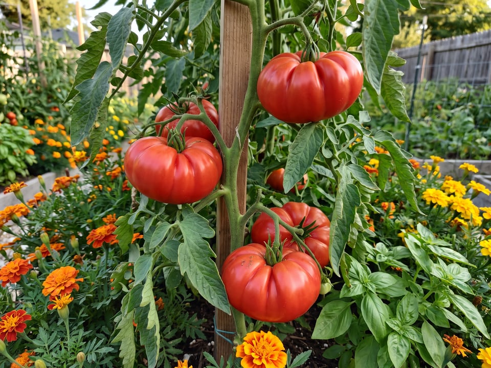Costoluto Fiorentino tomato plant in a garden bed with ripe fruit on the vine