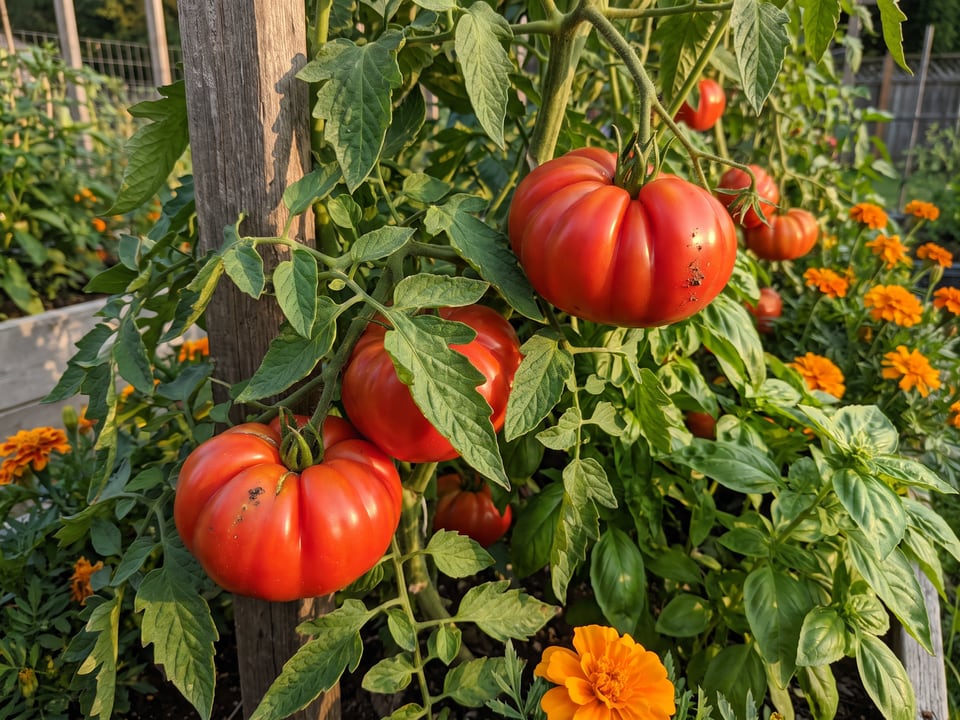 Costoluto Genovese tomato plant in a garden bed with ripe fruit on the vine