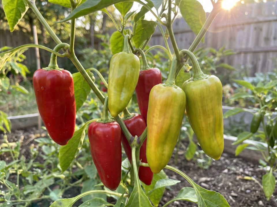 Ripe Cubanelle pepper pods on the plant