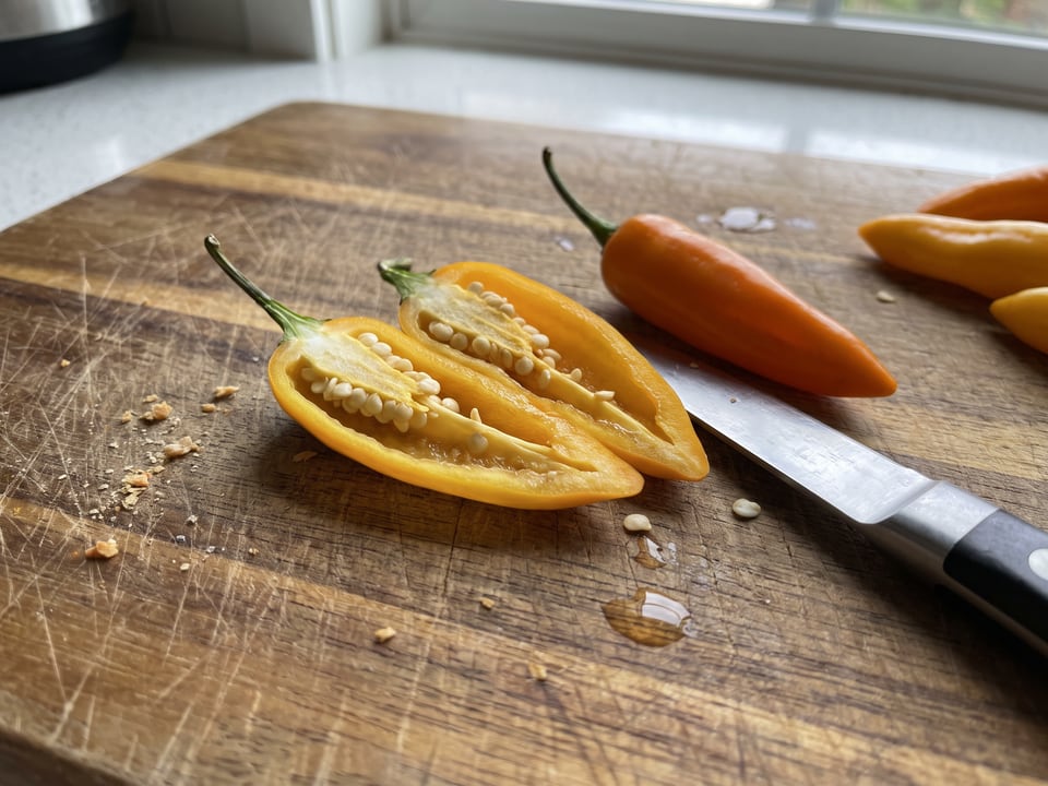 A Datil pepper cut open lengthwise beside a whole pod, showing the wall and seed cavity