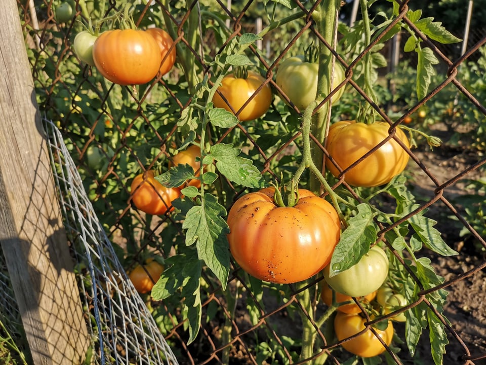 Dr Wyche's Yellow tomato plant in a garden bed with ripe fruit on the vine