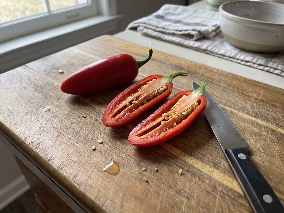 A Early Jalapeno pepper cut open lengthwise beside a whole pod, showing the wall and seed cavity
