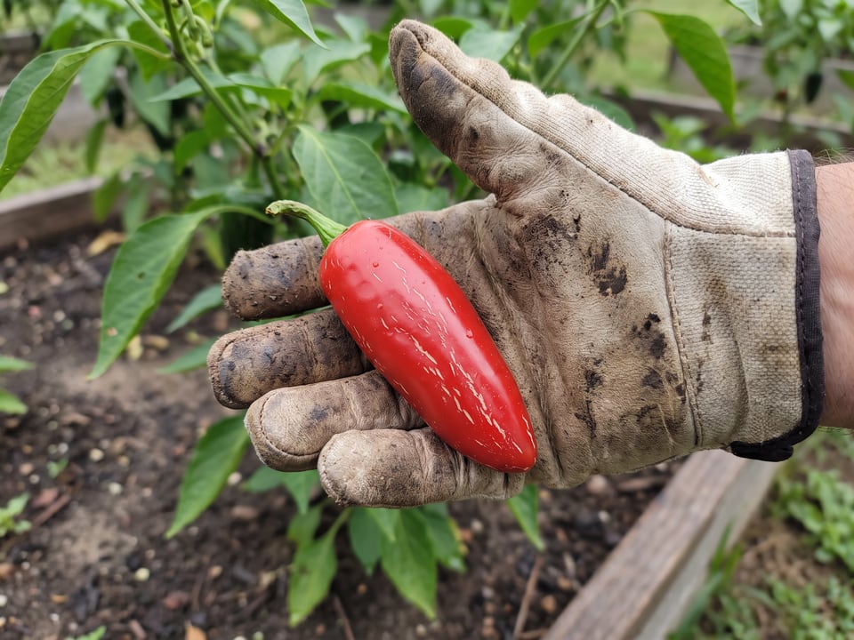 A ripe Early Jalapeno pepper pod held in a gardener's hand