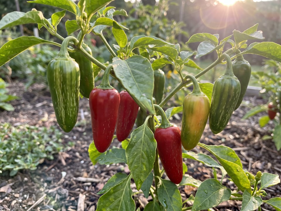 Ripe Early Jalapeno pepper pods on the plant