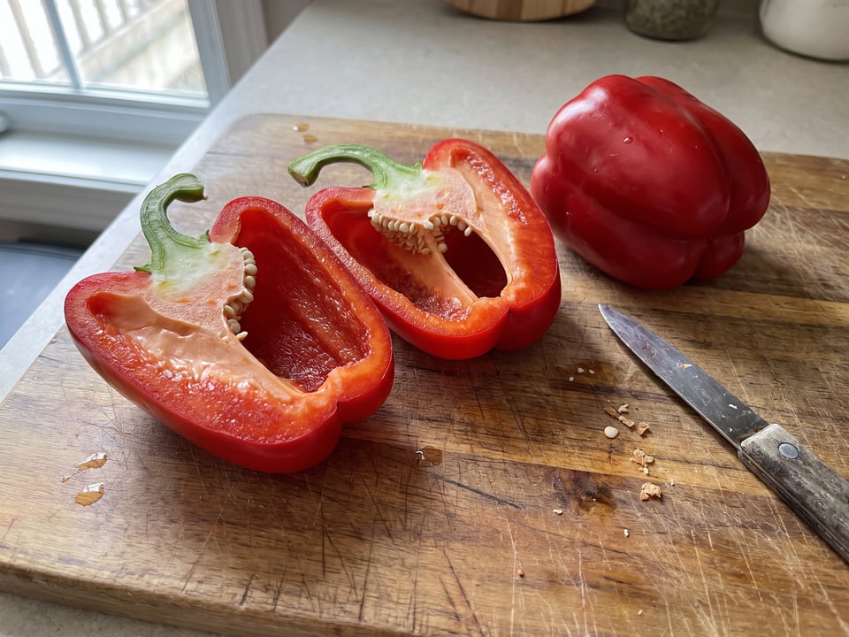 A Emerald Giant pepper cut open lengthwise beside a whole pod, showing the wall and seed cavity