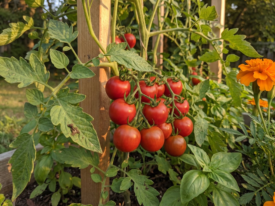 Flavor Bomb tomato plant in a garden bed with ripe fruit on the vine