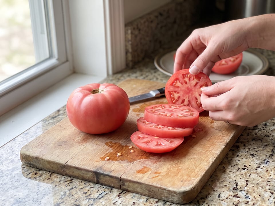 German Johnson tomato sliced in the kitchen