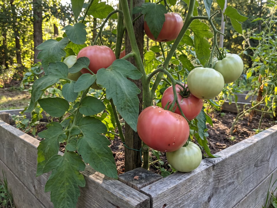 German Pink tomato plant in a garden bed with ripe fruit on the vine