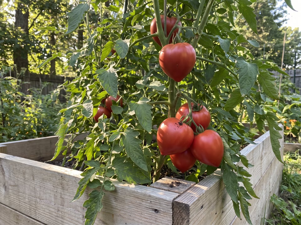 German Red Strawberry tomato plant in a garden bed with ripe fruit on the vine