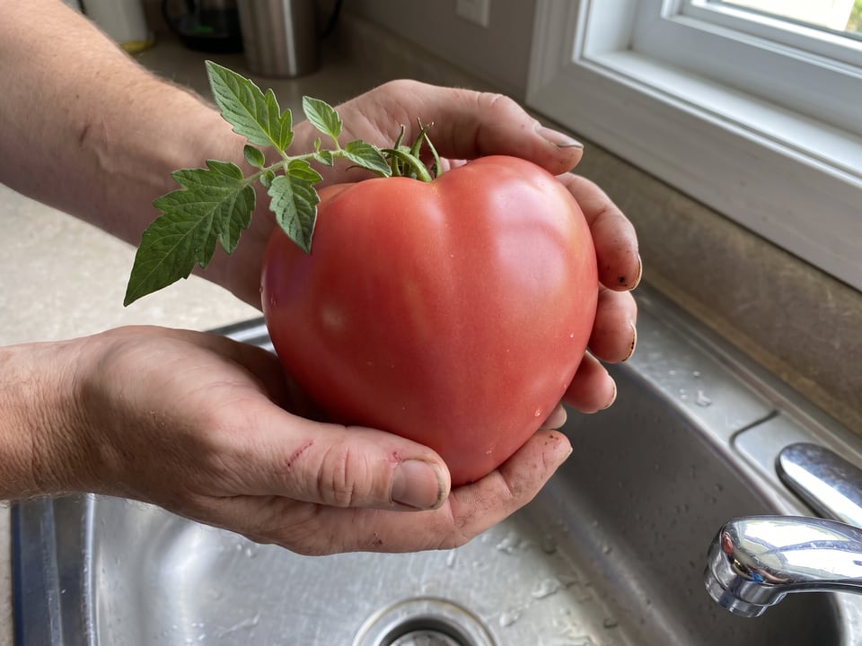A ripe Giant Oxheart tomato held in a gardener's hand