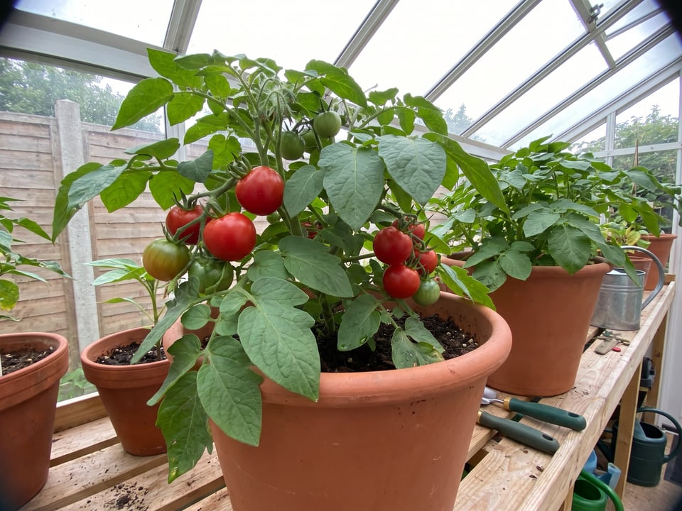 Glacier tomatoes ripening on the vine under cover