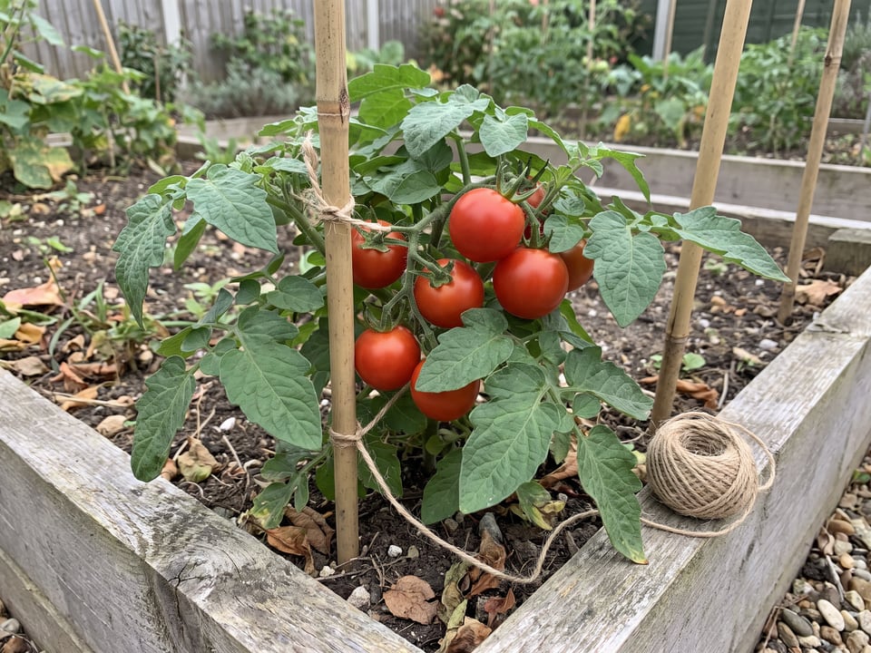 Glacier tomato plant in a garden bed with ripe fruit on the vine