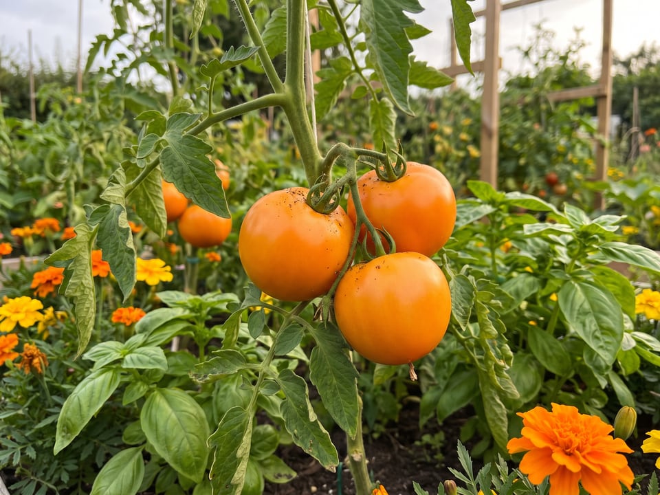 Golden Jubilee tomato plant in a garden bed with ripe fruit on the vine