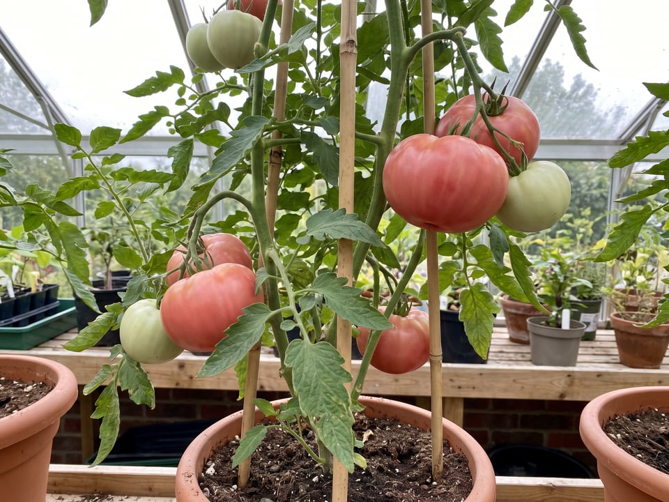 Goliath tomatoes ripening on the vine under cover