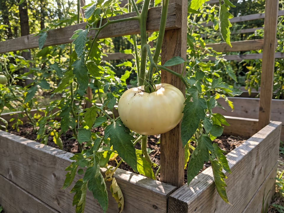 Great White tomato plant in a garden bed with ripe fruit on the vine