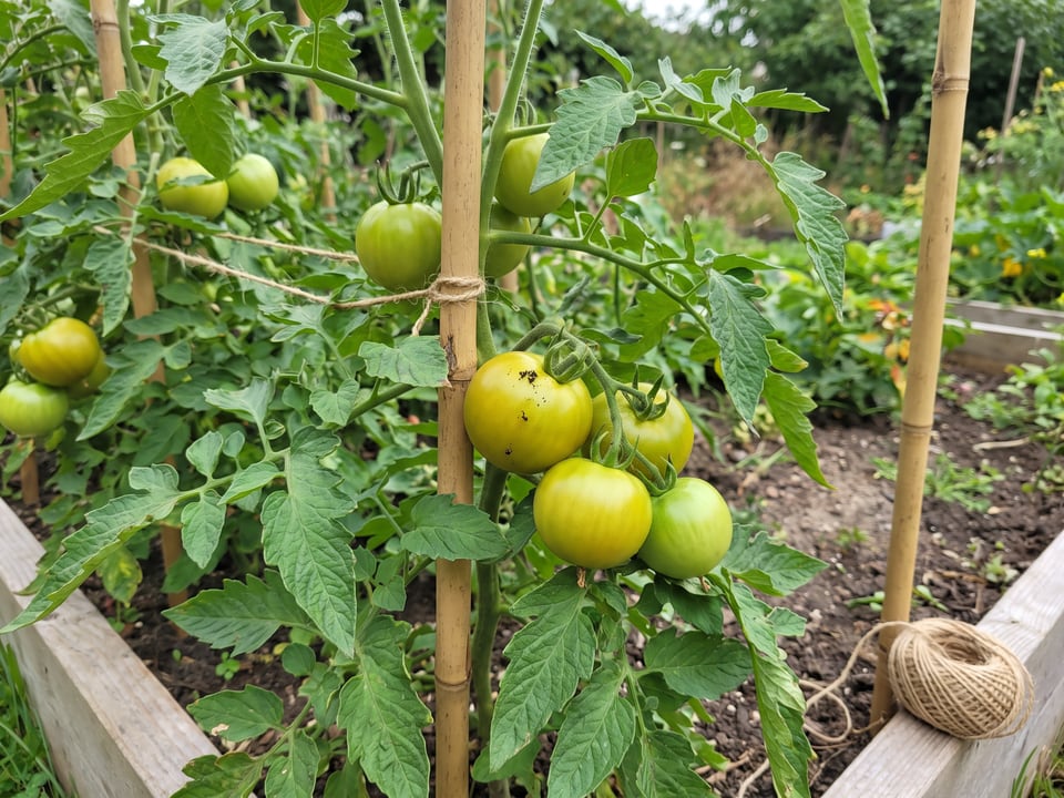 Green Doctors tomato plant in a garden bed with ripe fruit on the vine