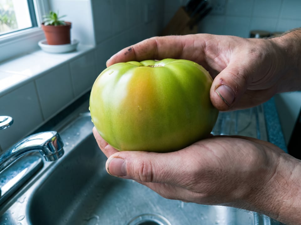 A ripe Green Giant tomato held in a gardener's hand