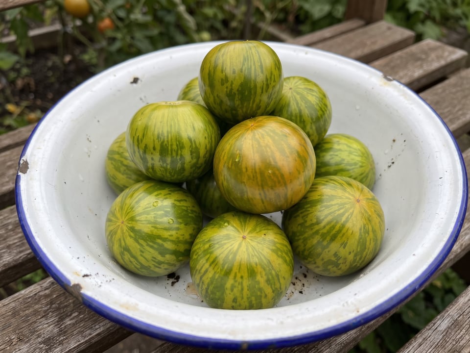 Freshly picked Green Zebra tomatoes