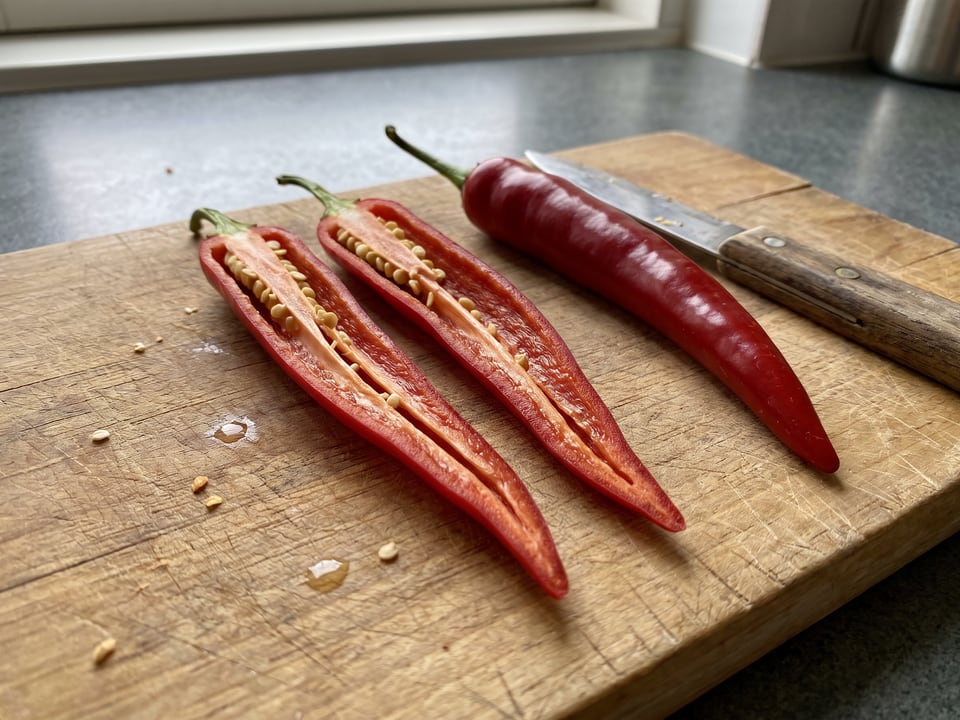 A Guajillo pepper cut open lengthwise beside a whole pod, showing the wall and seed cavity
