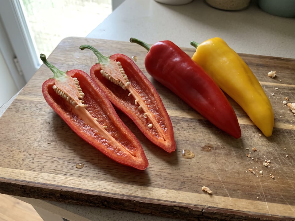 A Gypsy pepper cut open lengthwise beside a whole pod, showing the wall and seed cavity