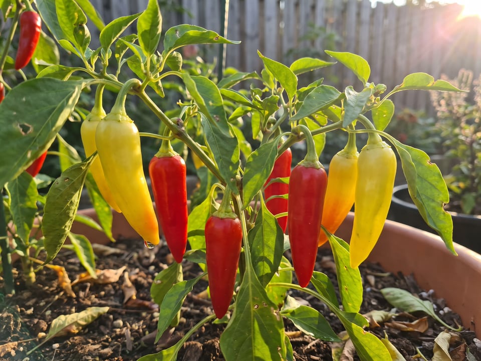 Ripe Gypsy pepper pods on the plant