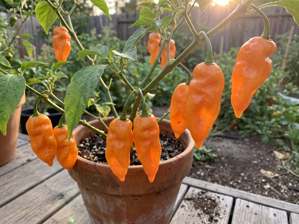 Ripe Habanada pepper pods on the plant