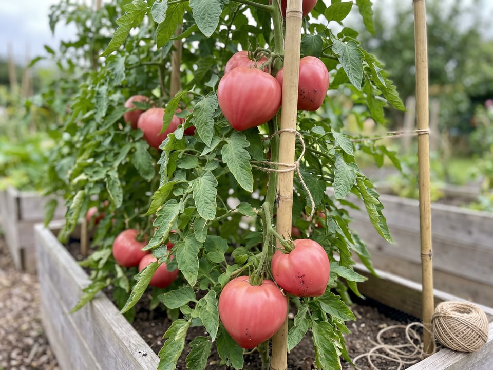 Hungarian Heart tomato plant in a garden bed with ripe fruit on the vine