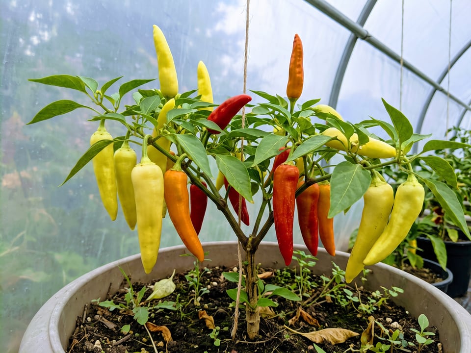 Hungarian Yellow Wax peppers on the plant