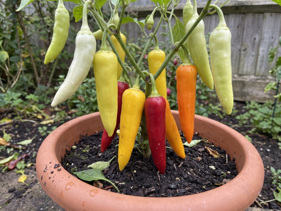 Ripe Hungarian Yellow Wax pepper pods on the plant