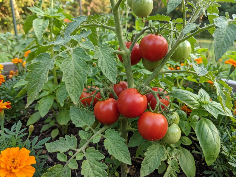 Husky Cherry Red tomato plant in a garden bed with ripe fruit on the vine