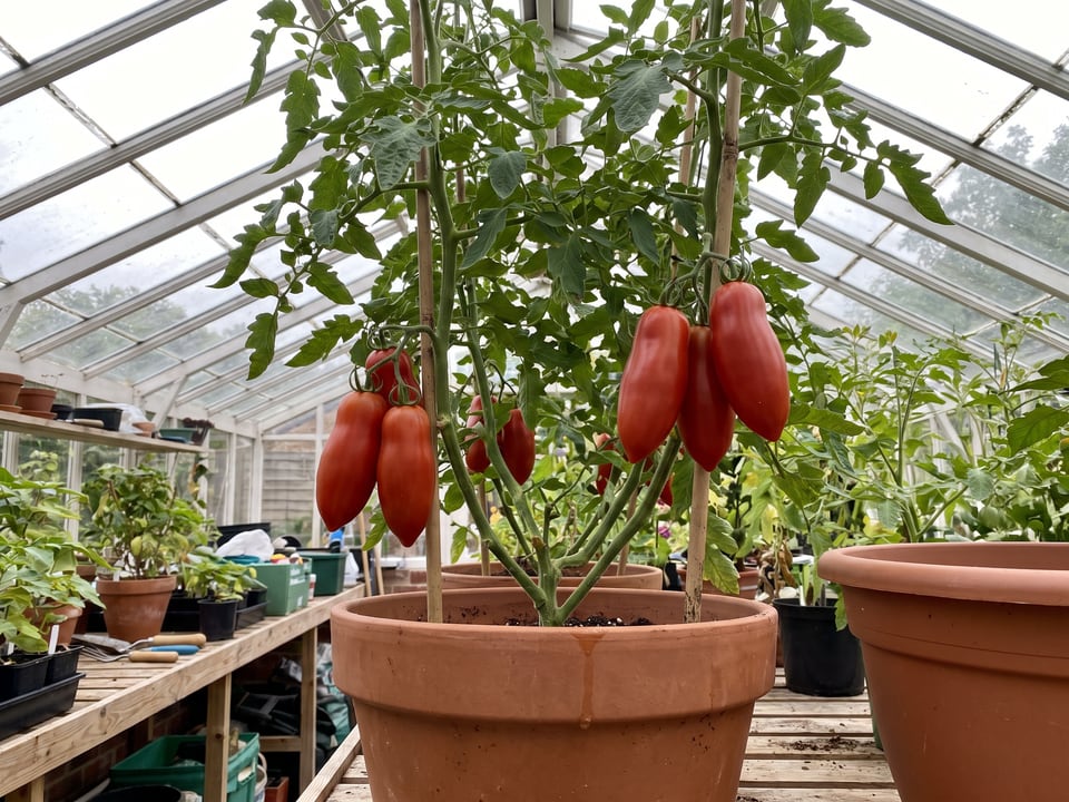 Jersey Devil tomatoes ripening on the vine under cover