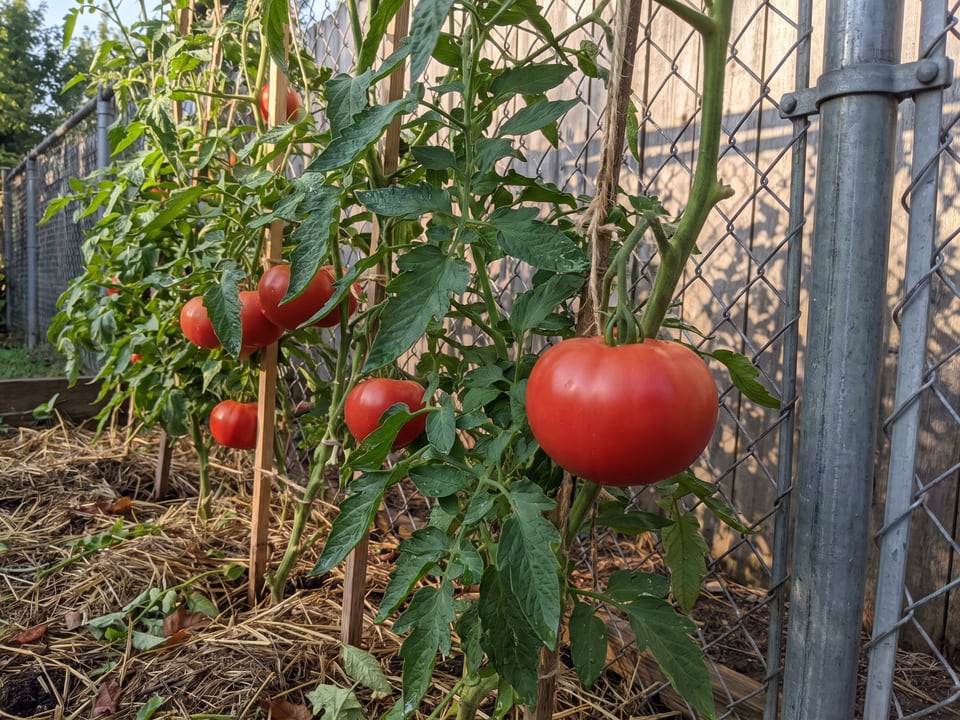 Jet Star tomato plant in a garden bed with ripe fruit on the vine