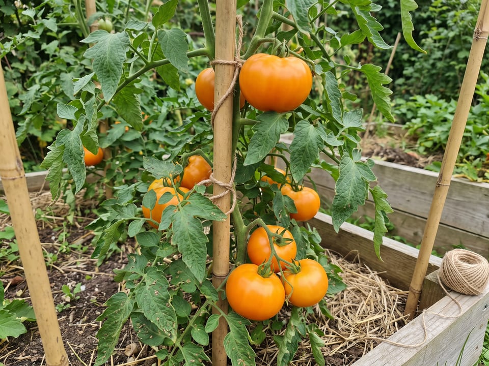 Jubilee tomato plant in a garden bed with ripe fruit on the vine