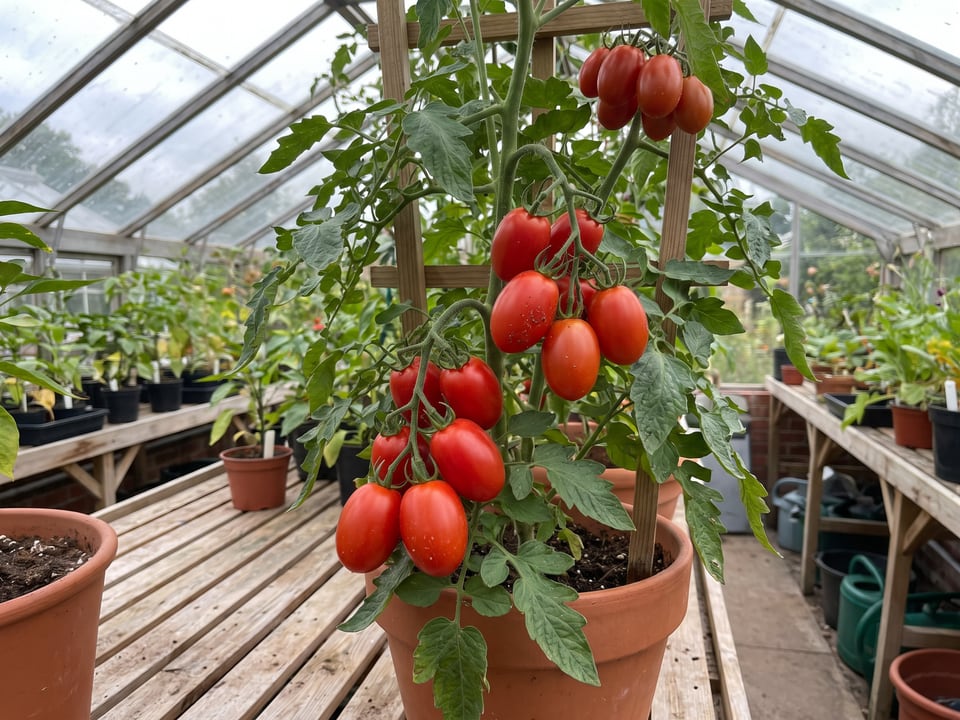 Juliet tomatoes ripening on the vine under cover