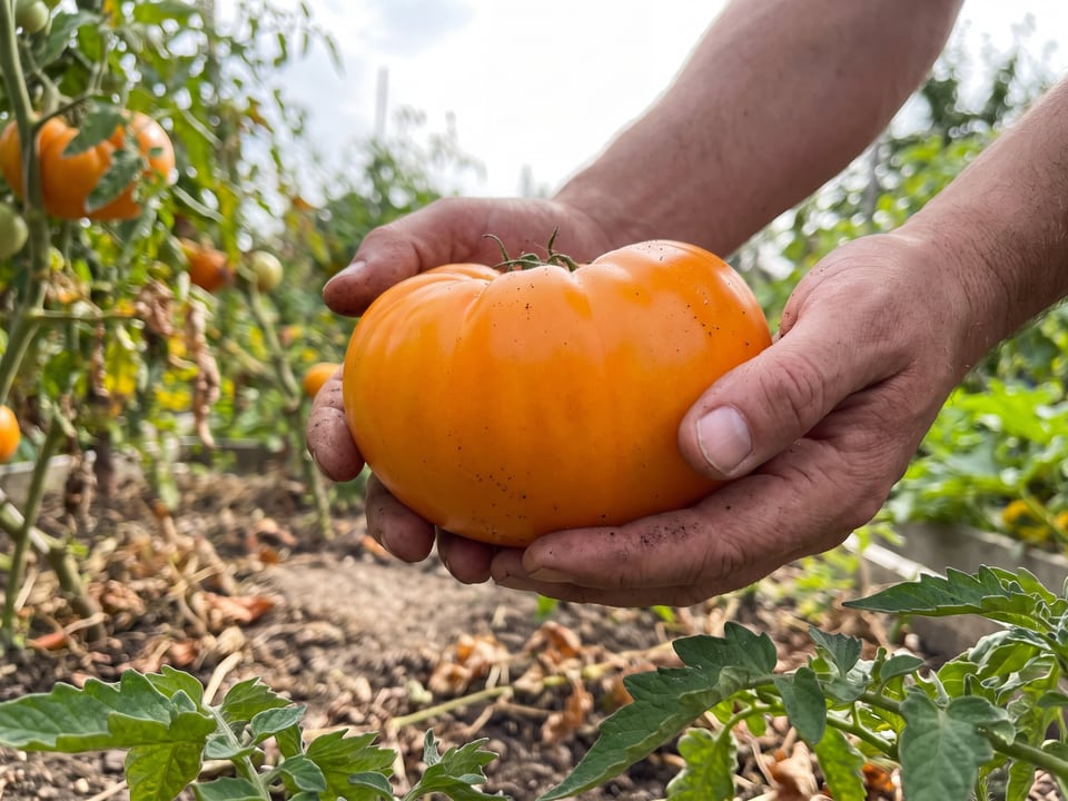 A ripe Kellogg's Breakfast tomato held in a gardener's hand
