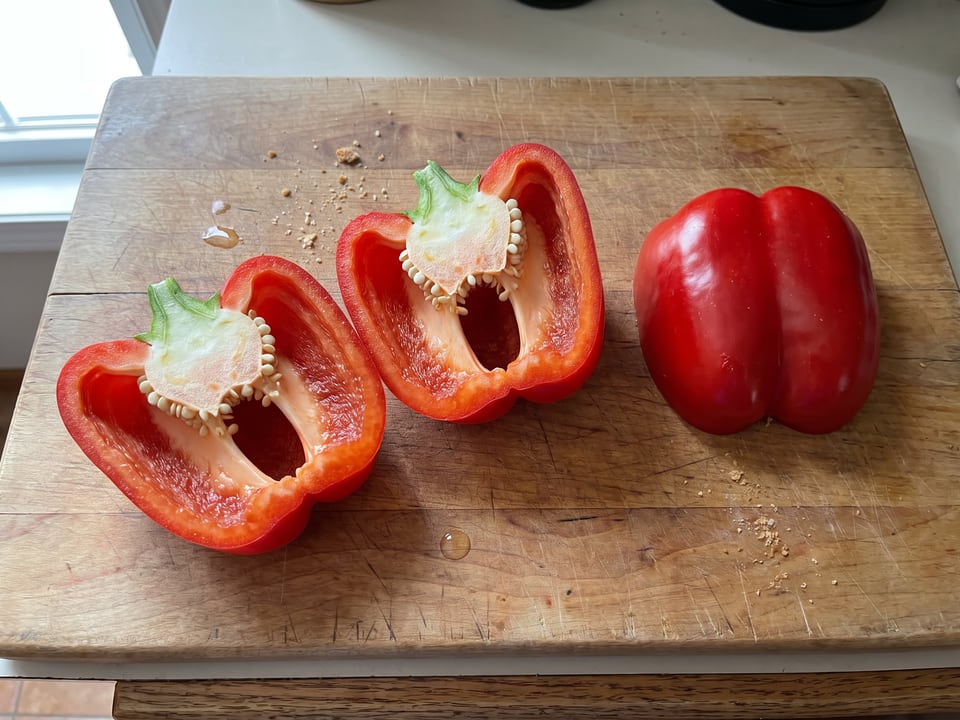 A King of the North pepper cut open lengthwise beside a whole pod, showing the wall and seed cavity